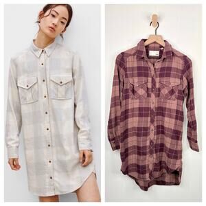 Wilfred Free Veronica Plaid Shirt Dress XS Purple Mini Button Up Long Sleeve